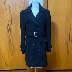 Black Wool Blend Double-Breasted Trench Coat w/ Belt Silver Hardware Lined Warm